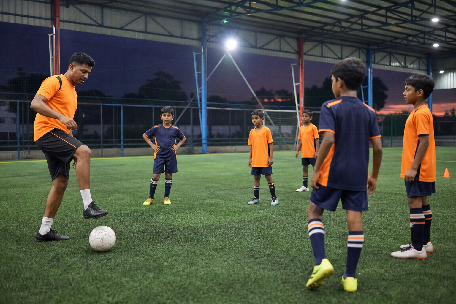 Football coaching sports class with trained coach at Hatrick Grounds sports academy in Sulur